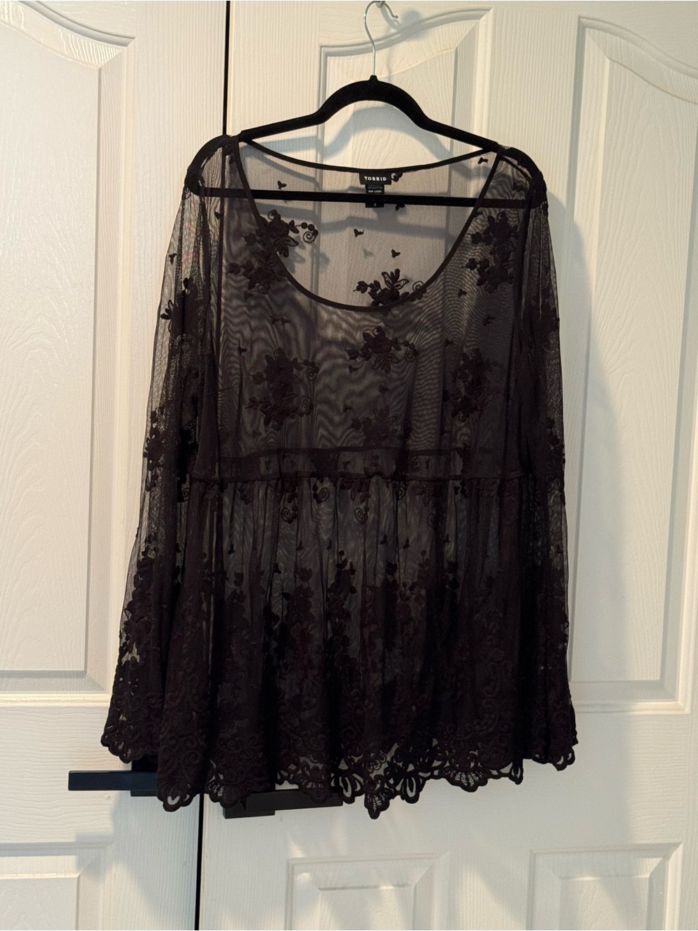 Torrid Plus Size Black Sheer Mesh Embroidered Babydoll Top with Bell Sleeves